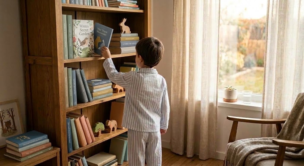 A child in striped pajamas reaching for a picture book on a wooden bookshelf beside a sunlit window